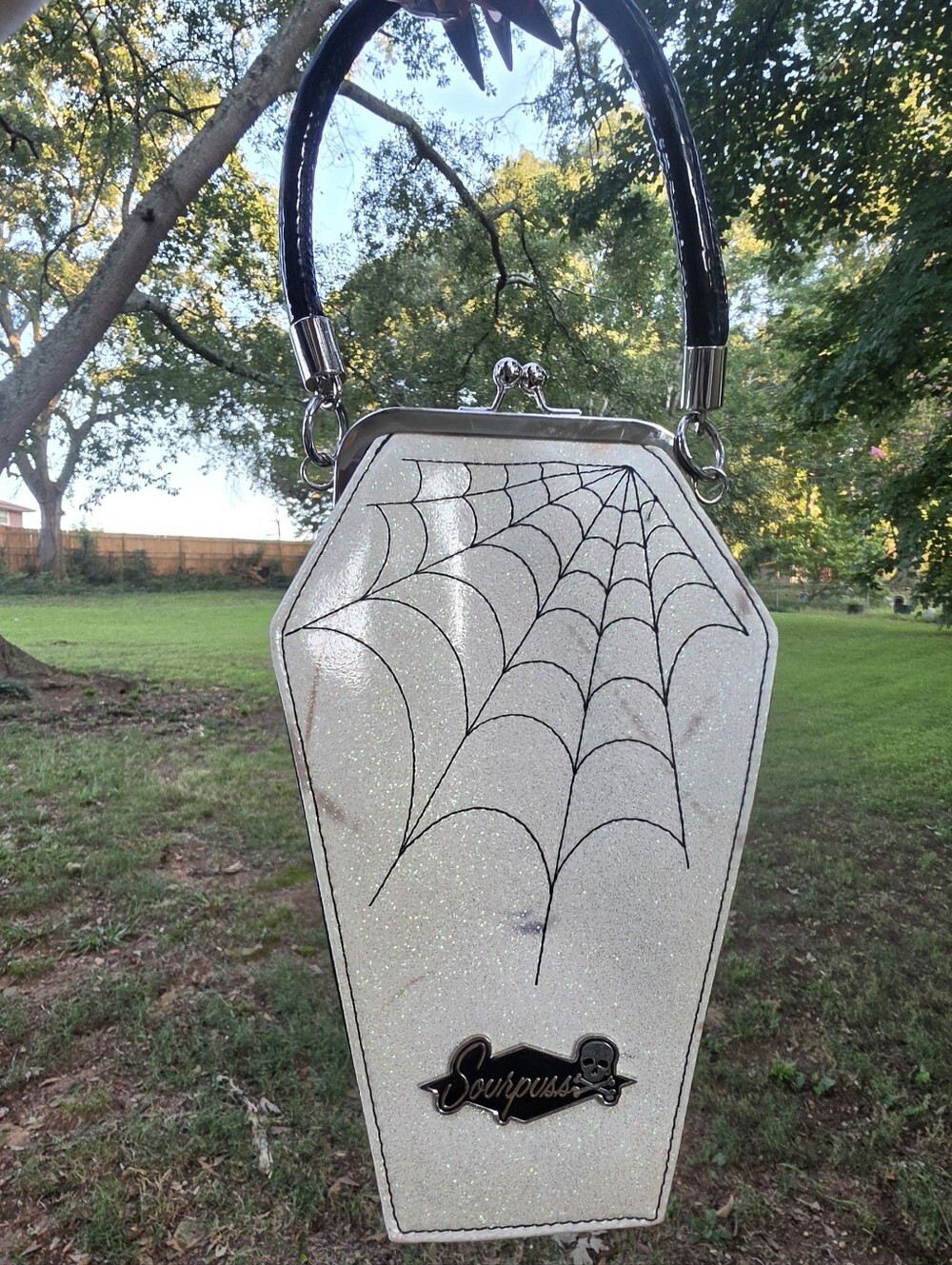 Sourpuss Coffin Purse Spiderweb Glitter Black & White Goth Halloween Handbag